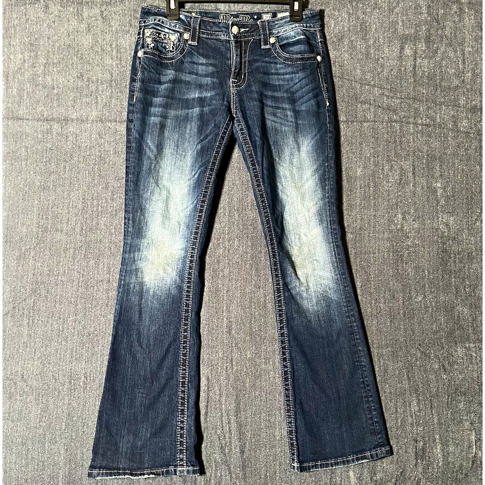 Miss Me Signature Womens 29 Dark Wash Bootcut Stretch Low Rise Embellished